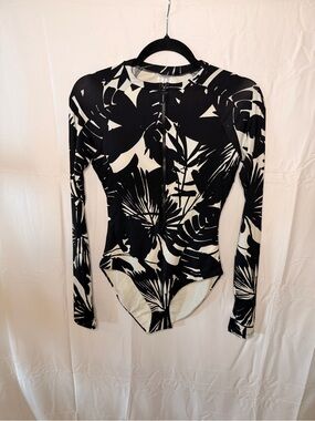 Trina Turk Black & White Floral Zip-Front Long-Sleeve Swim Bodysuit